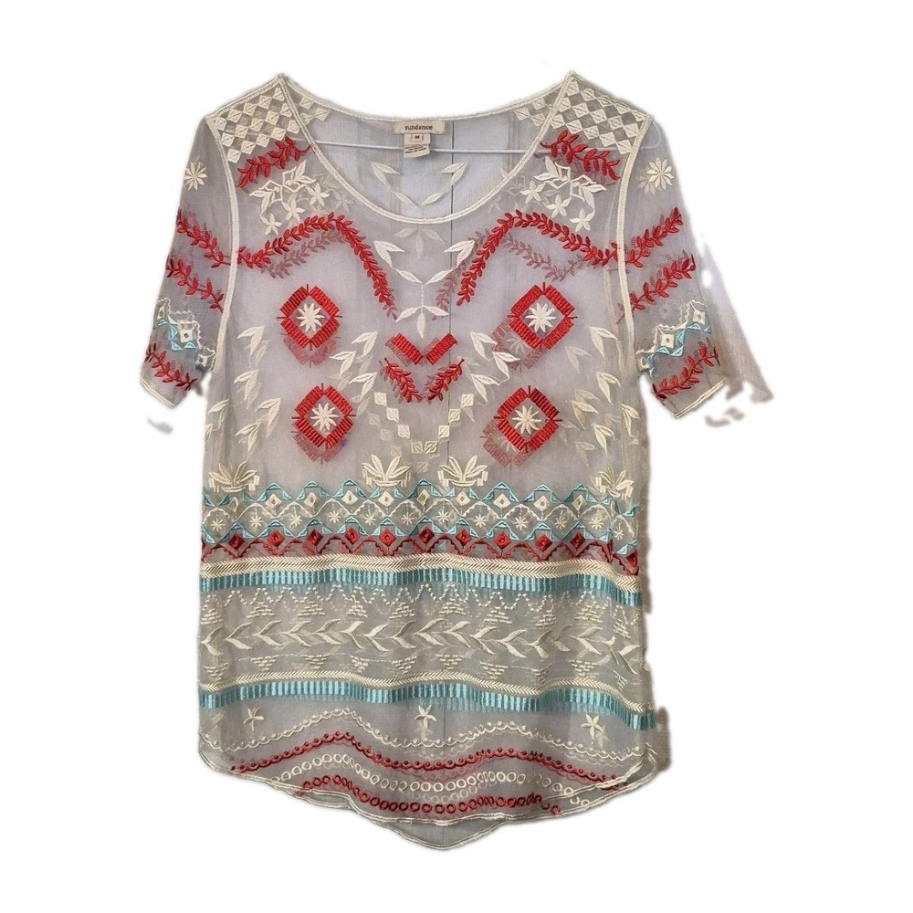 Sundance Women's Sz Medium Ivory Embroidered Mesh Sheer Aztec Top Boho Festival